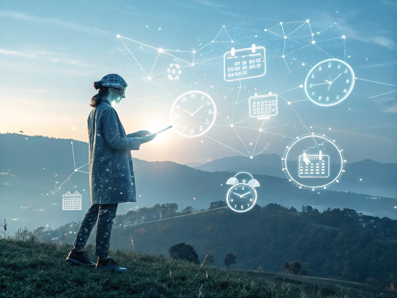 Illustration of scheduling interface with calendar and time options, demonstrating the ability to automate SMS campaigns with HaySend's scheduling feature.